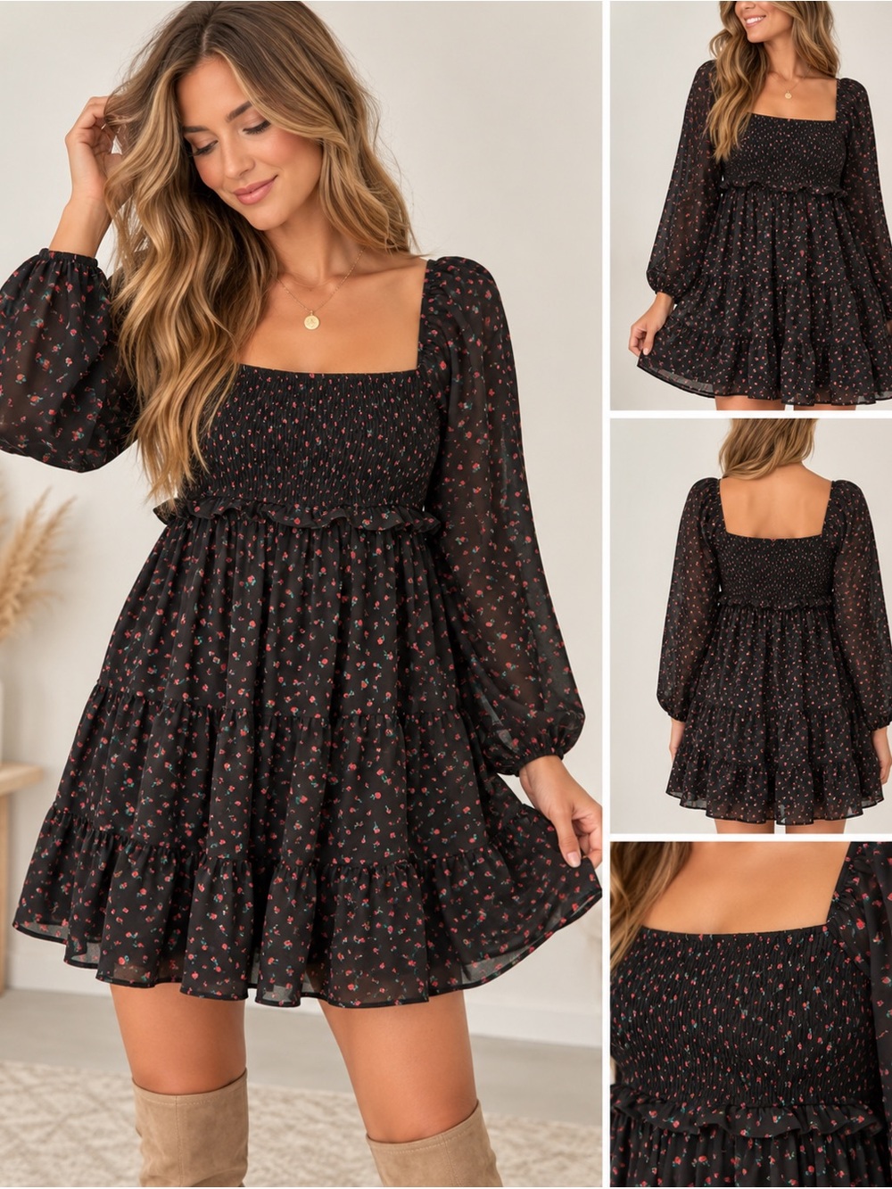 Altar’d State Black Floral Smocked Tiered Mini Dress Long Sleeve XL